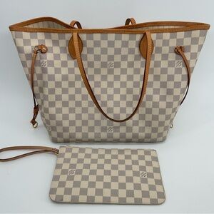 LOUIS VUITTON Damier Azur Neverfull MM With Pouch. Entrupy Verified Authentic